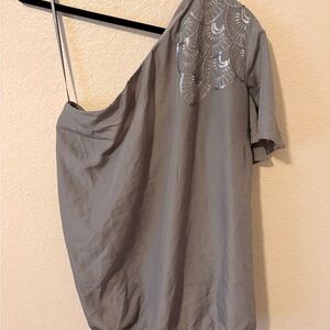 Lane Bryant Gray One-Shoulder Blouse with sequined sleeve